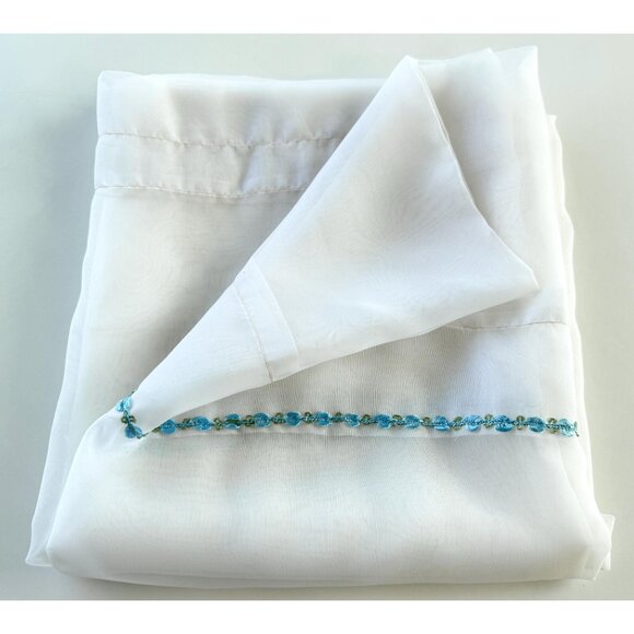 Vintage 60s sheer curtain, white, delicate embroidered blue/green floral trim - Picture 1 of 7
